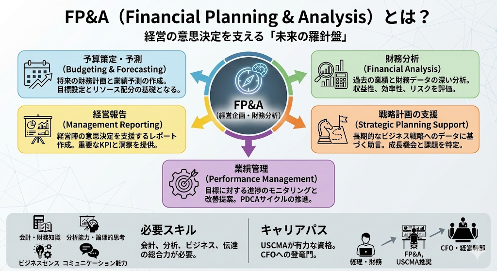 FP&A（財務計画と分析）の役割・主な5つの業務・必要なスキル・キャリアパスをまとめた全体図