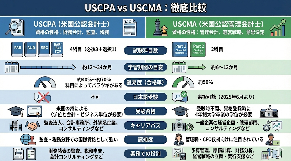 USCPAとUSCMAの違いを徹底比較:試験科目・難易度・キャリアパスの比較表